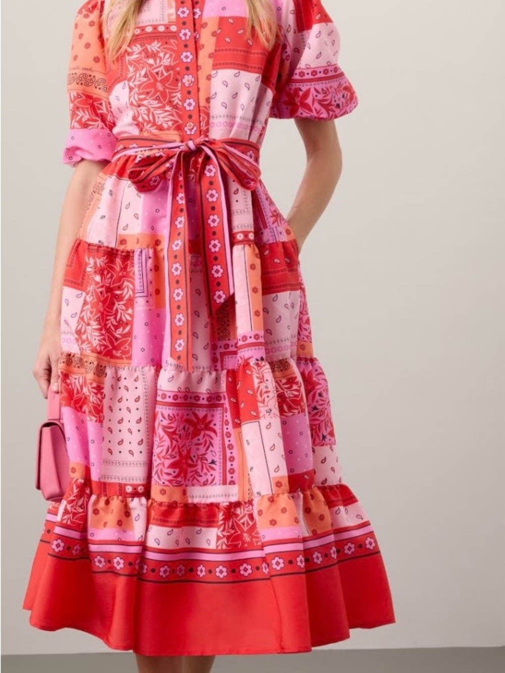 kate spade Pink and Red Patchwork Midi Dress with Waist Tie